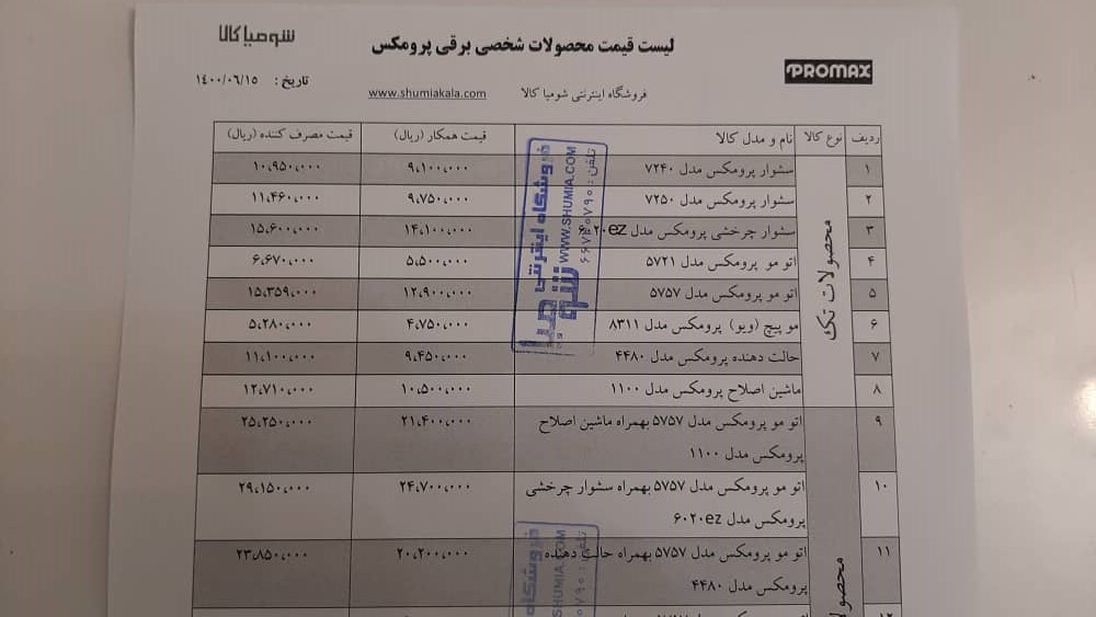 لیست قیمت محصولات پرومکس - شهریور 1400 